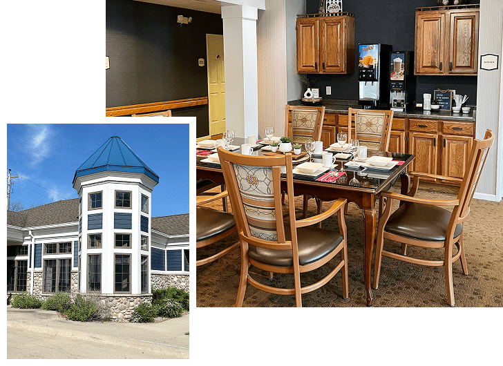 A dining room with a wooden table set for a meal, surrounded by six wooden chairs with upholstered seats, and a wooden cabinet with coffee and snack supplies in the background. An inset image shows the exterior of a building with a distinctive turret and large windows, under a blue sky.